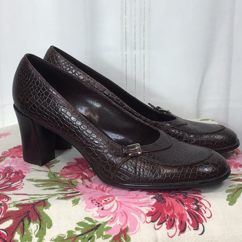 Franco Sarto Dark Brown Leather Croc-Pattern Heeled Loafers Sz.9